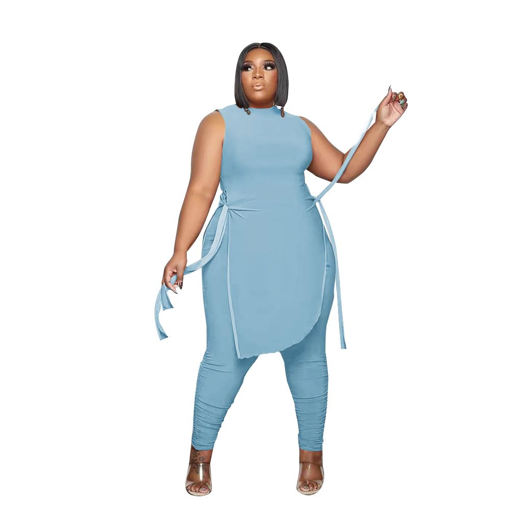 Dmoled Women Plus Size 2 Piece Outfits Jumpsuit Camouflage Print Sleeveless Slit Tunic Tops Pant Set