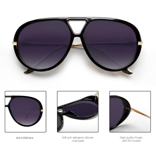 GUVIVI Retro Gold Aviator Sunglasses for Women Men, 2026 Metal Oversized 70s Aviators Black Vacation Beach Sun Glasses