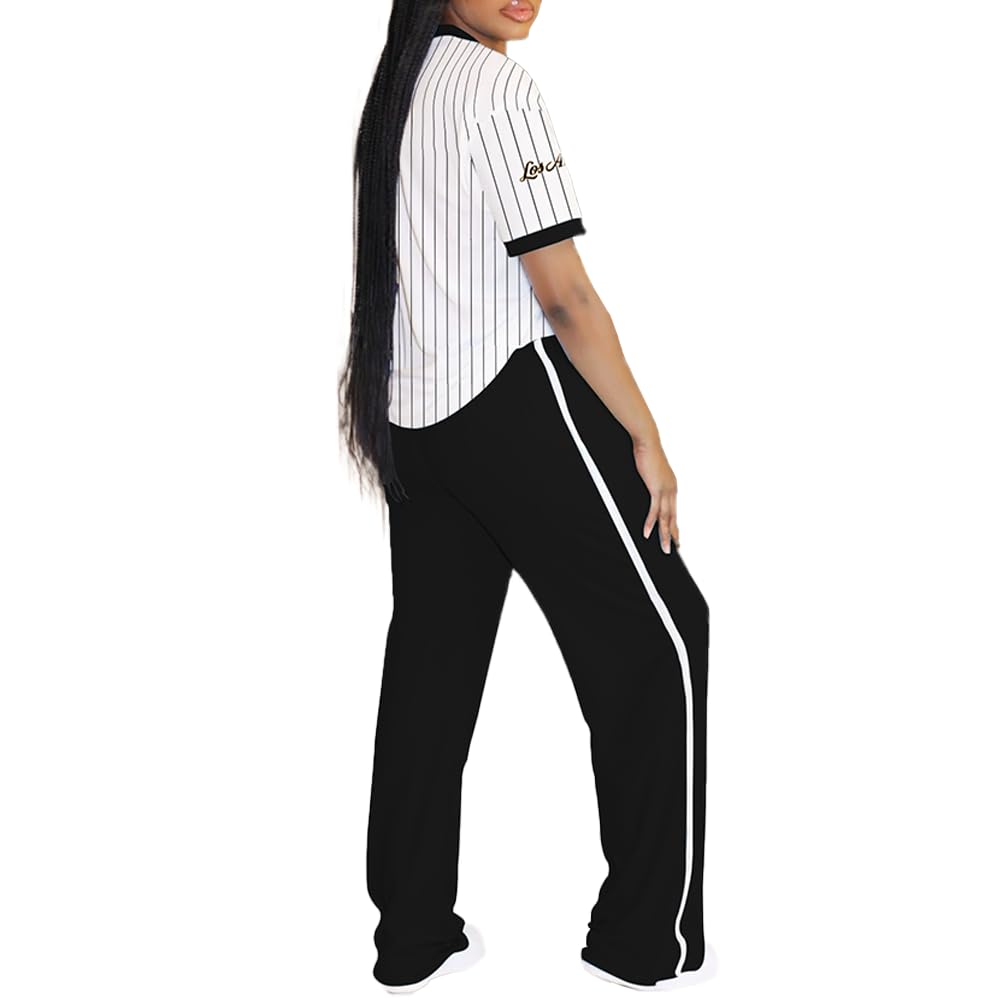 PINSV 2 Piece Sets for Women Summer Casual Outfits Jersey Shirts and High Waisted Pants Sets