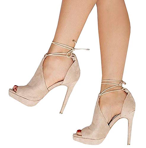 Womens Peep Toe Platform Heels Sexy Sandals Strappy Lace Up Tie Stilettos Dress Pumps Shoes