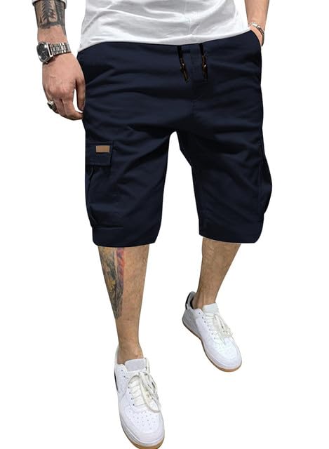 JMIERR Mens Casual Cotton Twill Cargo Shorts Drawstring Classic Chino Stretch Short with 6 Pockets