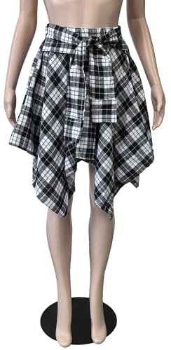 YBSKG Womens Plaid Skirts Elastic High Waist Tie Front Asymmetrical Hem Pleated Mini Skirt