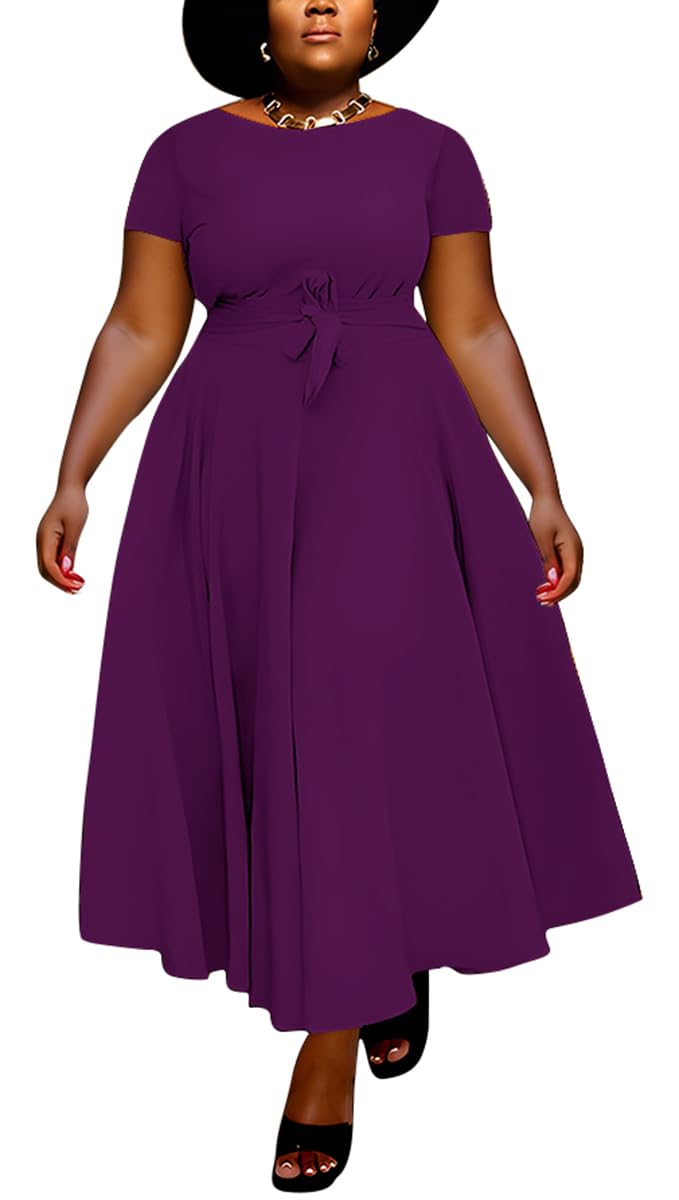 BFFBABY Plus Size Dress A Line Dresses for Women Summer Long Dresses with Sleeve Casual Belted