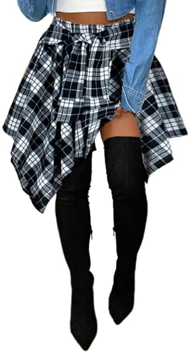 YBSKG Womens Plaid Skirts Elastic High Waist Tie Front Asymmetrical Hem Pleated Mini Skirt