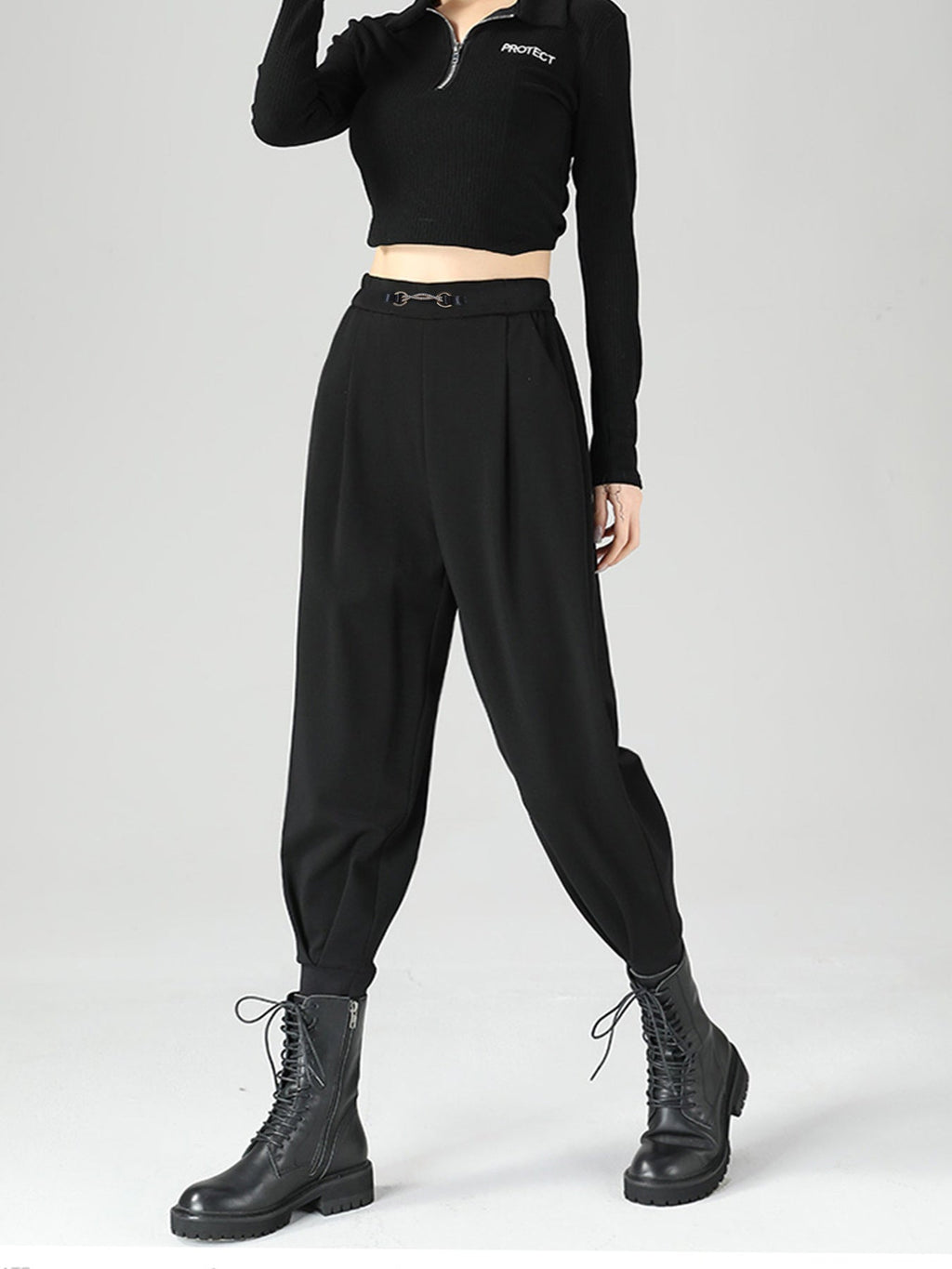 Women High-Waisted Buckle Detail Tapered Pants in Black