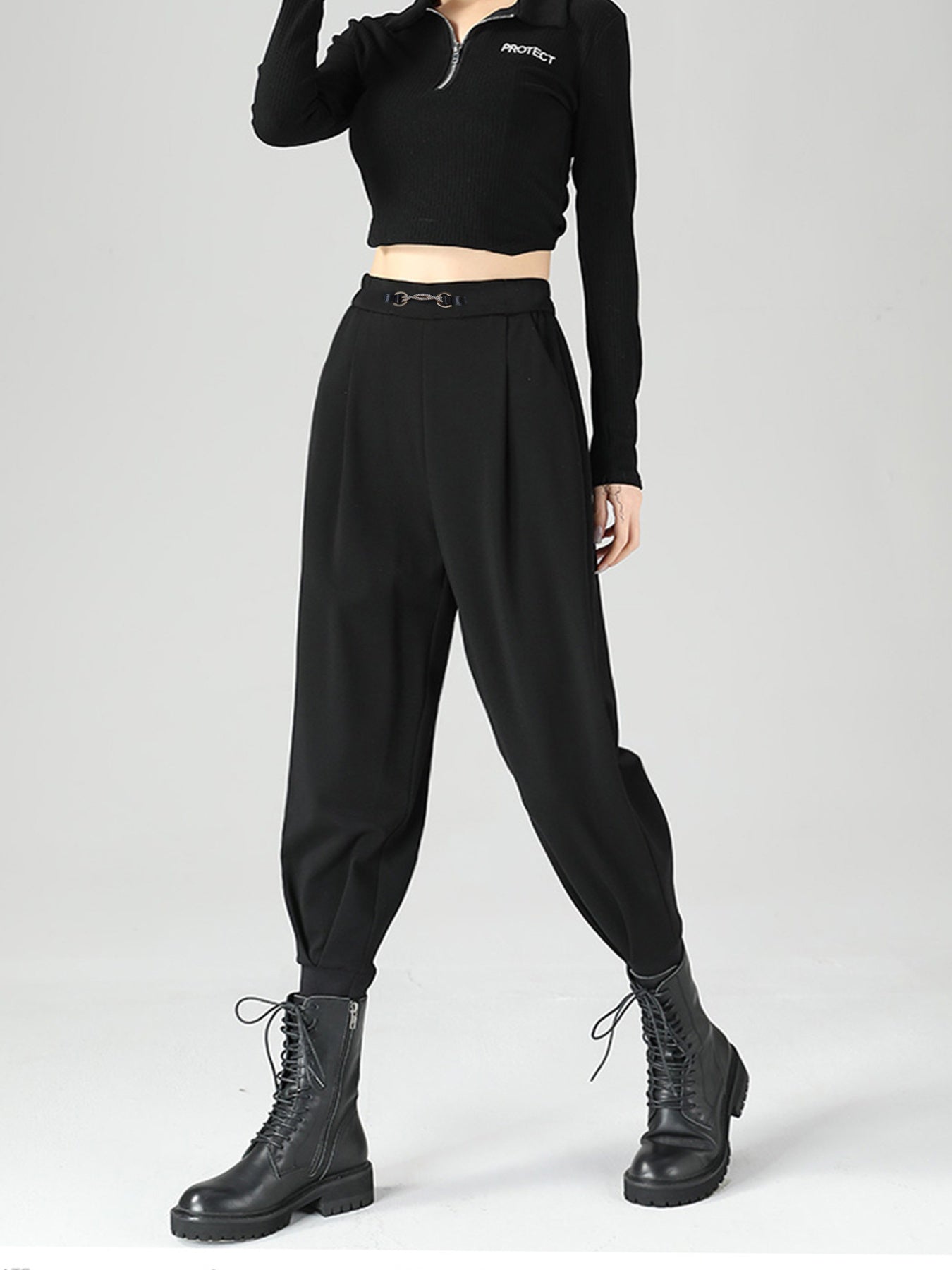 Women High-Waisted Buckle Detail Tapered Pants in Black