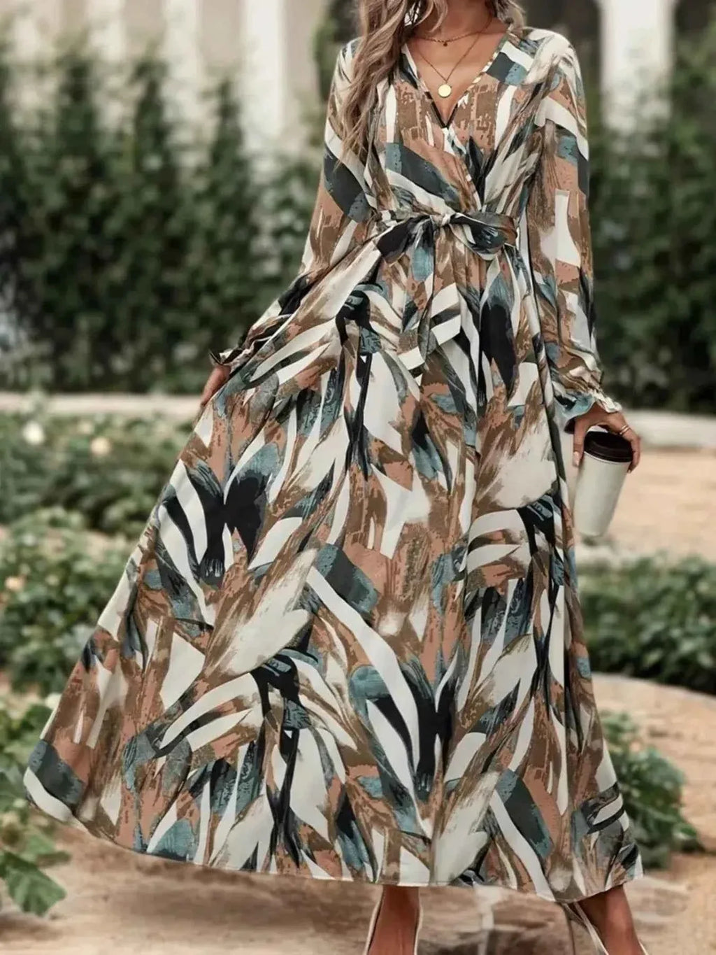 Printed Surplice Flounce Sleeve Maxi Dress