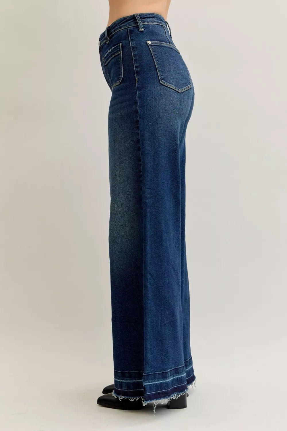 Judy Blue High Waist Palazzo Jeans With Front Patch Pockets Flattering Stretchy Denim For Women
