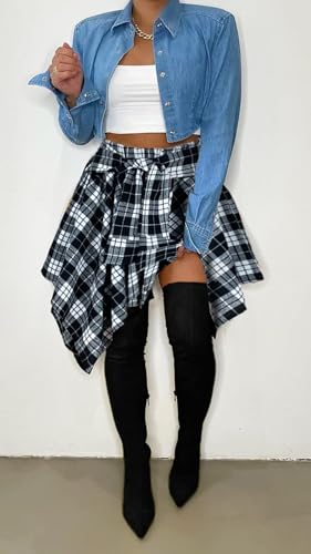 YBSKG Womens Plaid Skirts Elastic High Waist Tie Front Asymmetrical Hem Pleated Mini Skirt