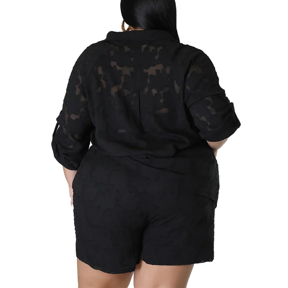 LUXRUB Women's Casual 2 Piece Outfit Plus Size Jacquard Long Sleeve Button Down Shirt Top Short Pants Sets Streetwear (Color : Black, Size : 4X-Large)