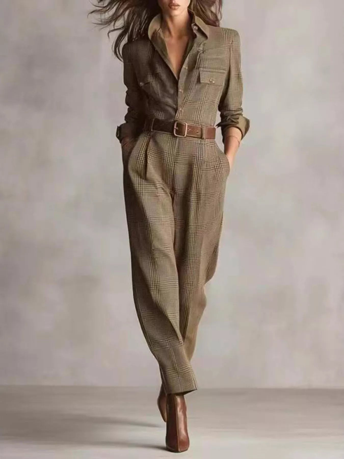 Button Front Jumpsuit - Long Sleeve Green Utility Style