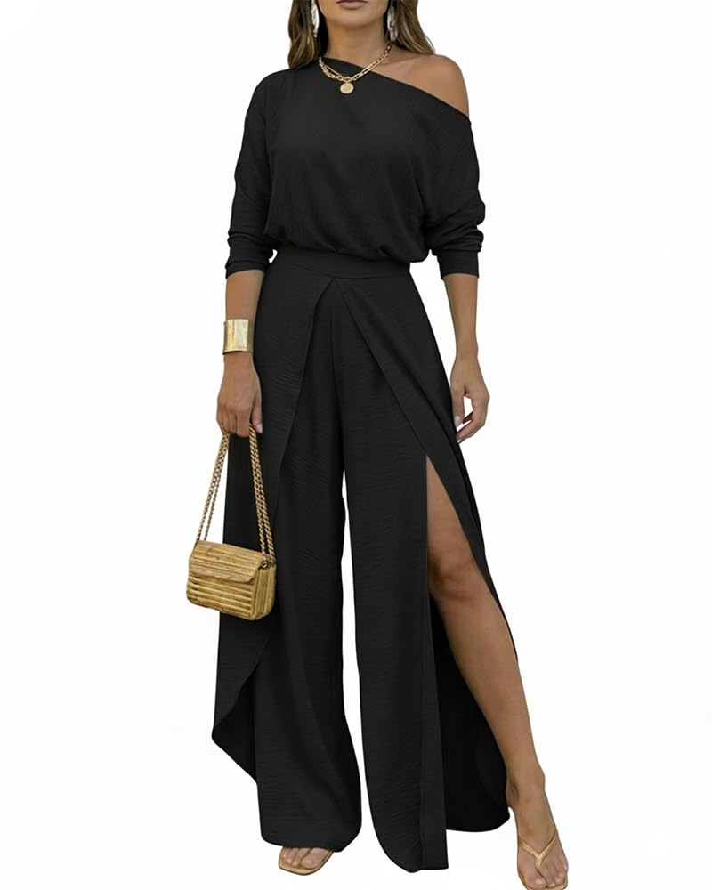 CHICME Women Summer 2 Piece Outfits Off Shoulder Batwing Sleeve Top Flowy Slit Wide Leg Pants Sets Travel Matching Set