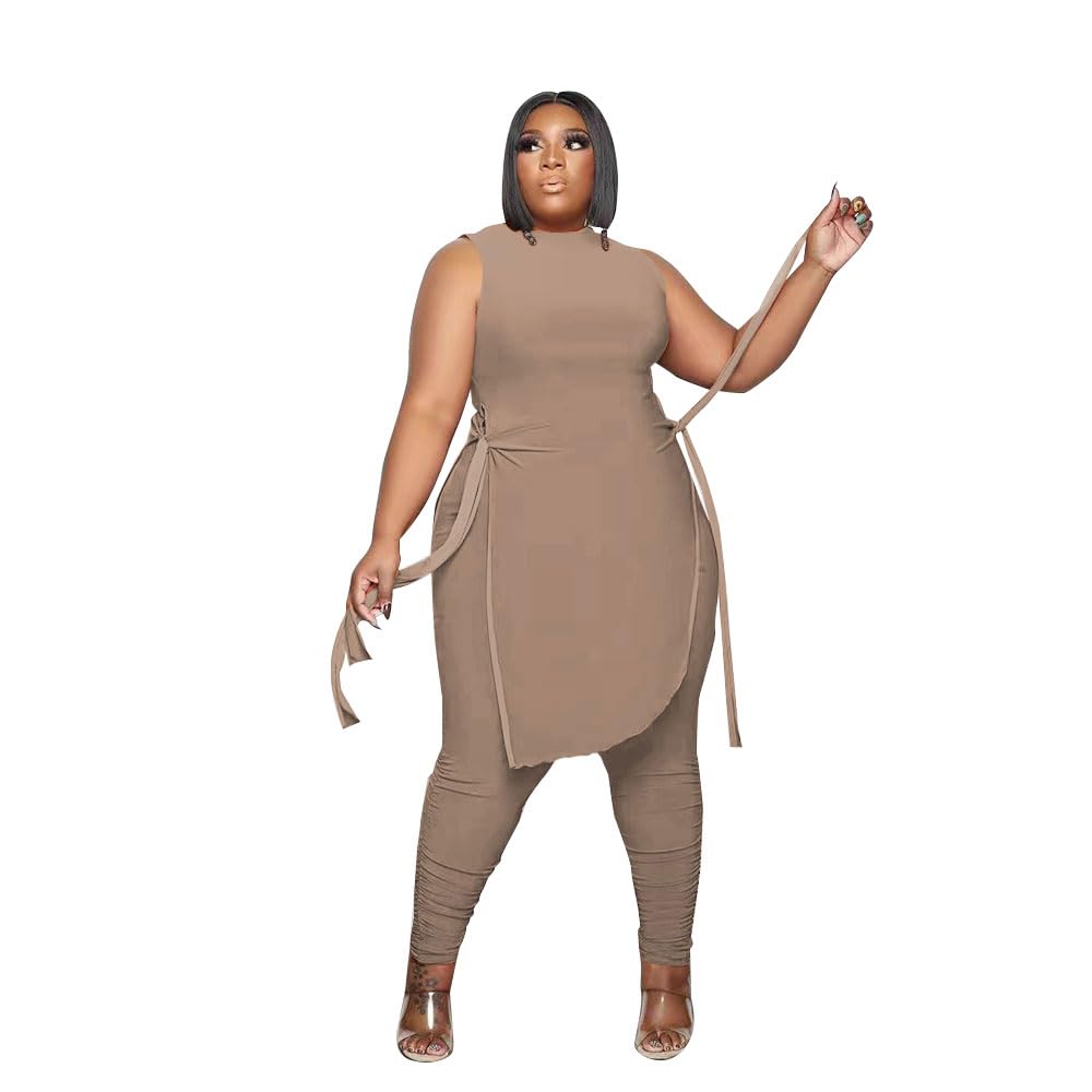 Dmoled Women Plus Size 2 Piece Outfits Jumpsuit Camouflage Print Sleeveless Slit Tunic Tops Pant Set
