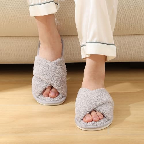 Evshine Women's Fuzzy Slippers Cross Band Memory Foam House Slippers Open Toe