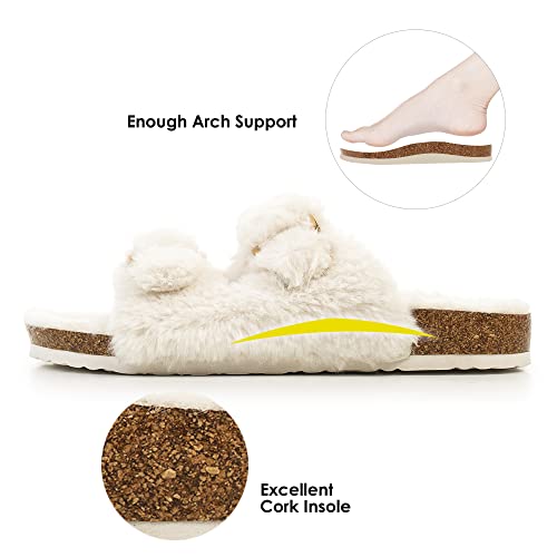 FITORY Womens Open Toe Slipper with Cozy Lining,Faux Rabbit Fur Cork Slide Sandals Size 6-11