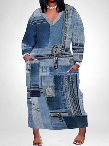 SUZONANA Womens Plus Size 3D Denim-Print Fashion Maxi Dresses Casual Soft Tshirt Dress