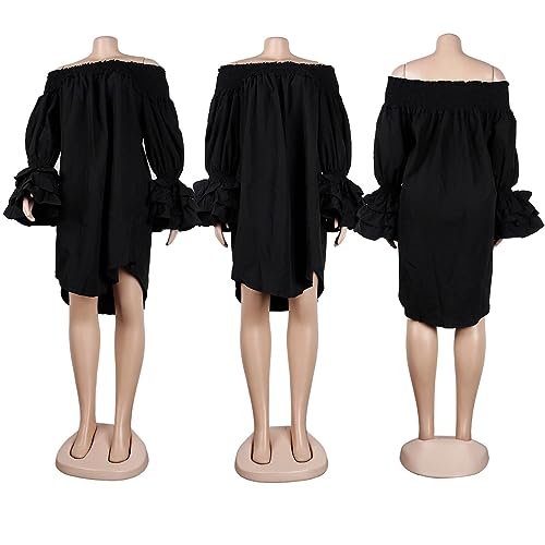 WOKANSE Women's Casual Plus Size Shirred Dresses Off Shoulder Bell Sleeves Ruffle Loose Stretchy Neck Midi Dress