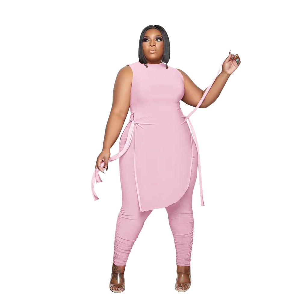Dmoled Women Plus Size 2 Piece Outfits Jumpsuit Camouflage Print Sleeveless Slit Tunic Tops Pant Set