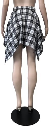 YBSKG Womens Plaid Skirts Elastic High Waist Tie Front Asymmetrical Hem Pleated Mini Skirt