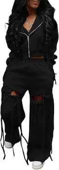 Lymeral Womens Sweatsuits 2 Piece Outfits Fall Zip Up Cropped Hoodie Cut Out Sweatpants Sets Airport Travel Outfit Tracksuit