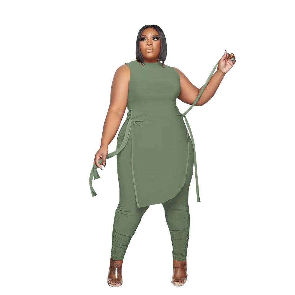 Dmoled Women Plus Size 2 Piece Outfits Jumpsuit Camouflage Print Sleeveless Slit Tunic Tops Pant Set