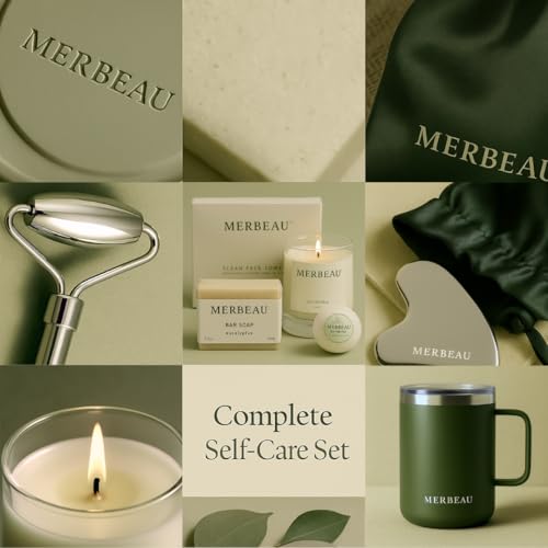 Merbeau Luxury Self Care 13 Piece Gift Set – Non-Toxic, Clean Ingredients, Naturally-Scented Essential Oils, Candle, Socks, Bar Soap, Bath Bomb, Clean Towels, Hair Clip, Tumbler & More – Spa Kit, NEW