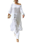 CHICME Women 2 Piece Outfits Cold Shoulder Long Sleeve Top Wide Leg Pants Linen Matching Lounge Set