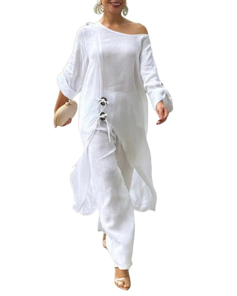 CHICME Women 2 Piece Outfits Cold Shoulder Long Sleeve Top Wide Leg Pants Linen Matching Lounge Set
