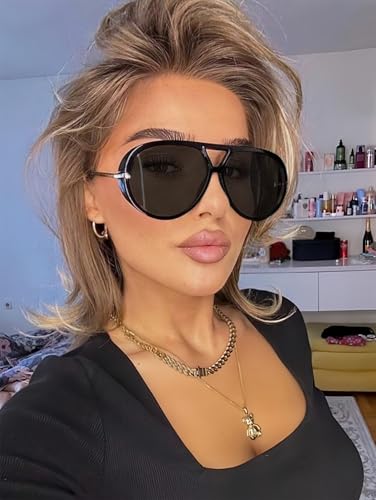GUVIVI Retro Gold Aviator Sunglasses for Women Men, 2026 Metal Oversized 70s Aviators Black Vacation Beach Sun Glasses