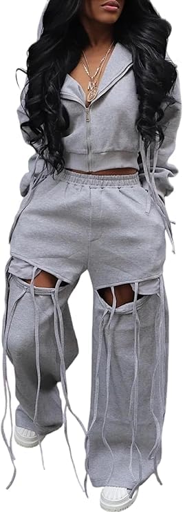 Lymeral Womens Sweatsuits 2 Piece Outfits Fall Zip Up Cropped Hoodie Cut Out Sweatpants Sets Airport Travel Outfit Tracksuit