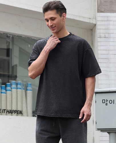 Men's Cotton T-Shirts Oversized Unisex Short Sleeves Casual Loose Wash Solid Basic Tee Tops