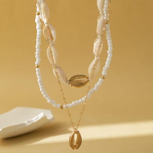 YANCHUN Shell Necklace Beach Jewelry for Women Sea Shell Necklace Layered Gold Shell Charm Necklaces Summer Outfits for Women Beach Fashion Accessories