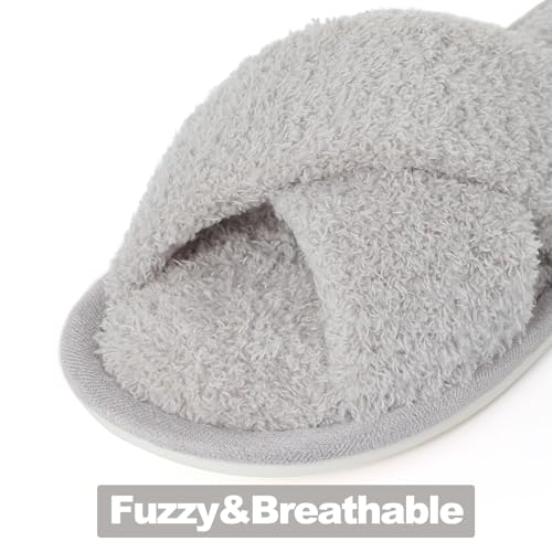 Evshine Women's Fuzzy Slippers Cross Band Memory Foam House Slippers Open Toe