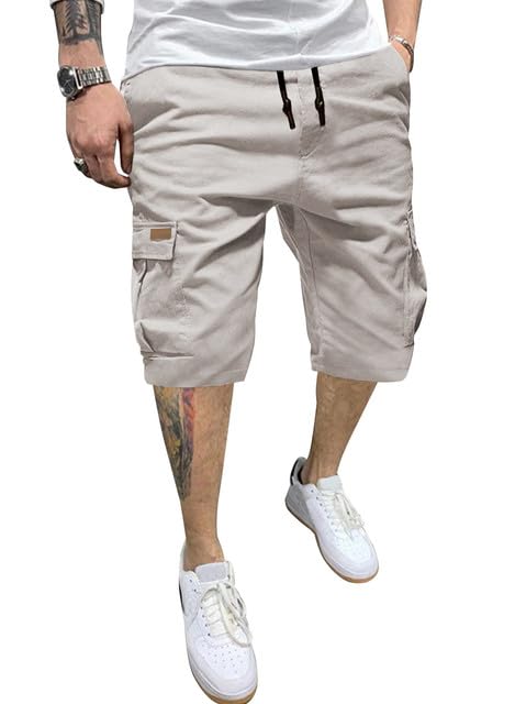 JMIERR Mens Casual Cotton Twill Cargo Shorts Drawstring Classic Chino Stretch Short with 6 Pockets