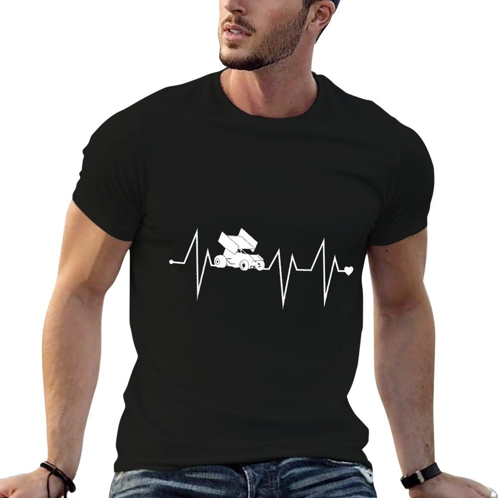 Funny Sprint Car Racing Racer Heartbeat Heart Pulse Rate EKG  Graphic-printed T-Shirt