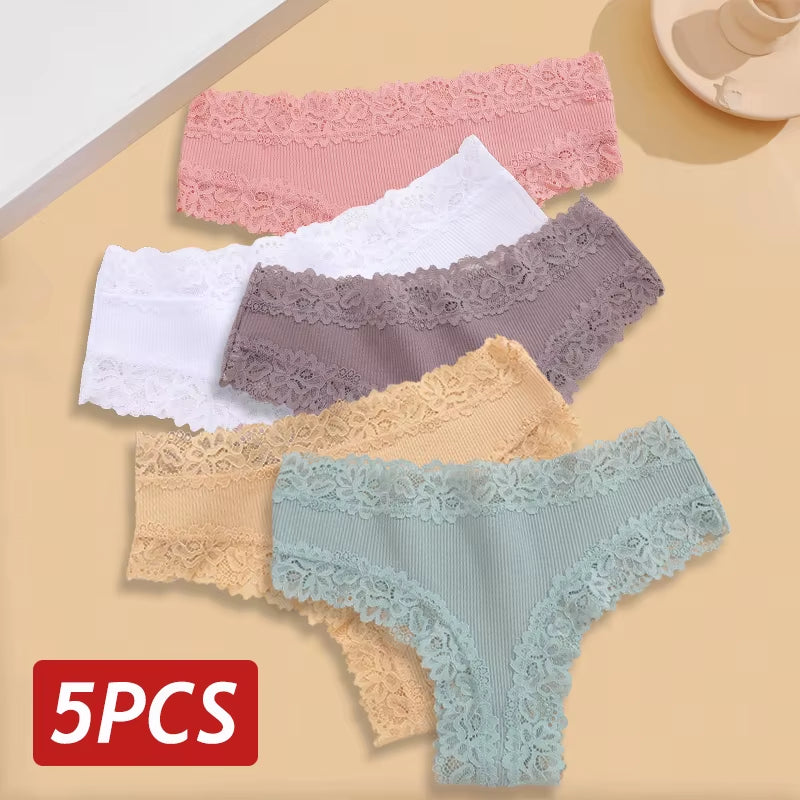 5Pcs/Set Women Lace Seamless Cotton Panties Sexy Brazilian Pants Ribbed Breathable Girls Underwear Soft plus Size Lingerie S-XL