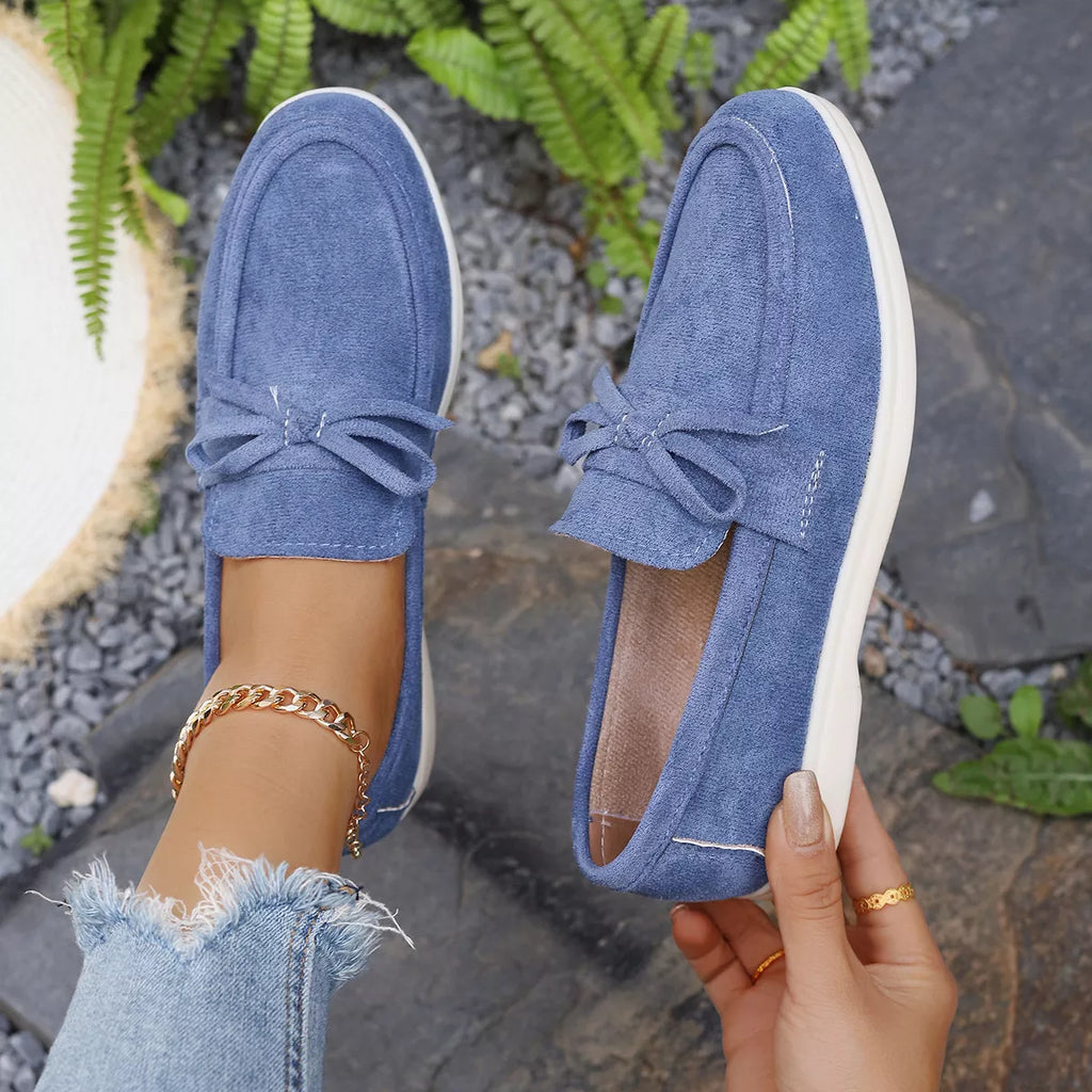 Women's Gray Suede Bow Slip-On Flats Round Toe Casual Shoes