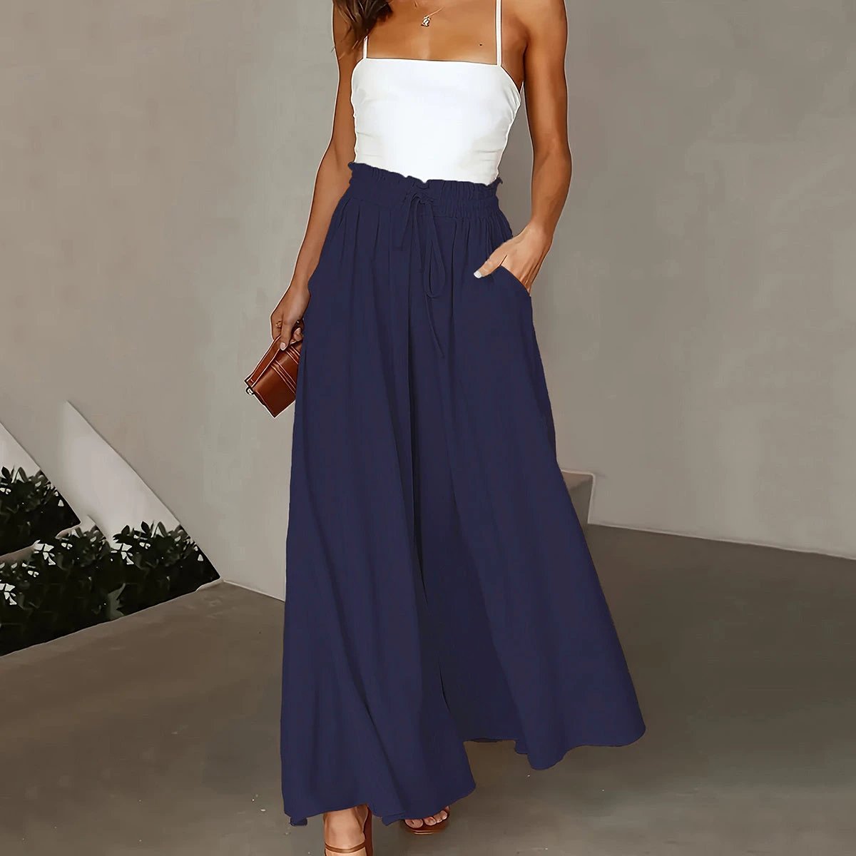 Plus Size Wide Leg Pants - Stylish Solid Paper Bag Waist Design, Elegant Pocket Tie Front, Loose Fit For Comfort, Perfect For Spring & Summer, Women's Fashionable Clothing For Curvy Figures
