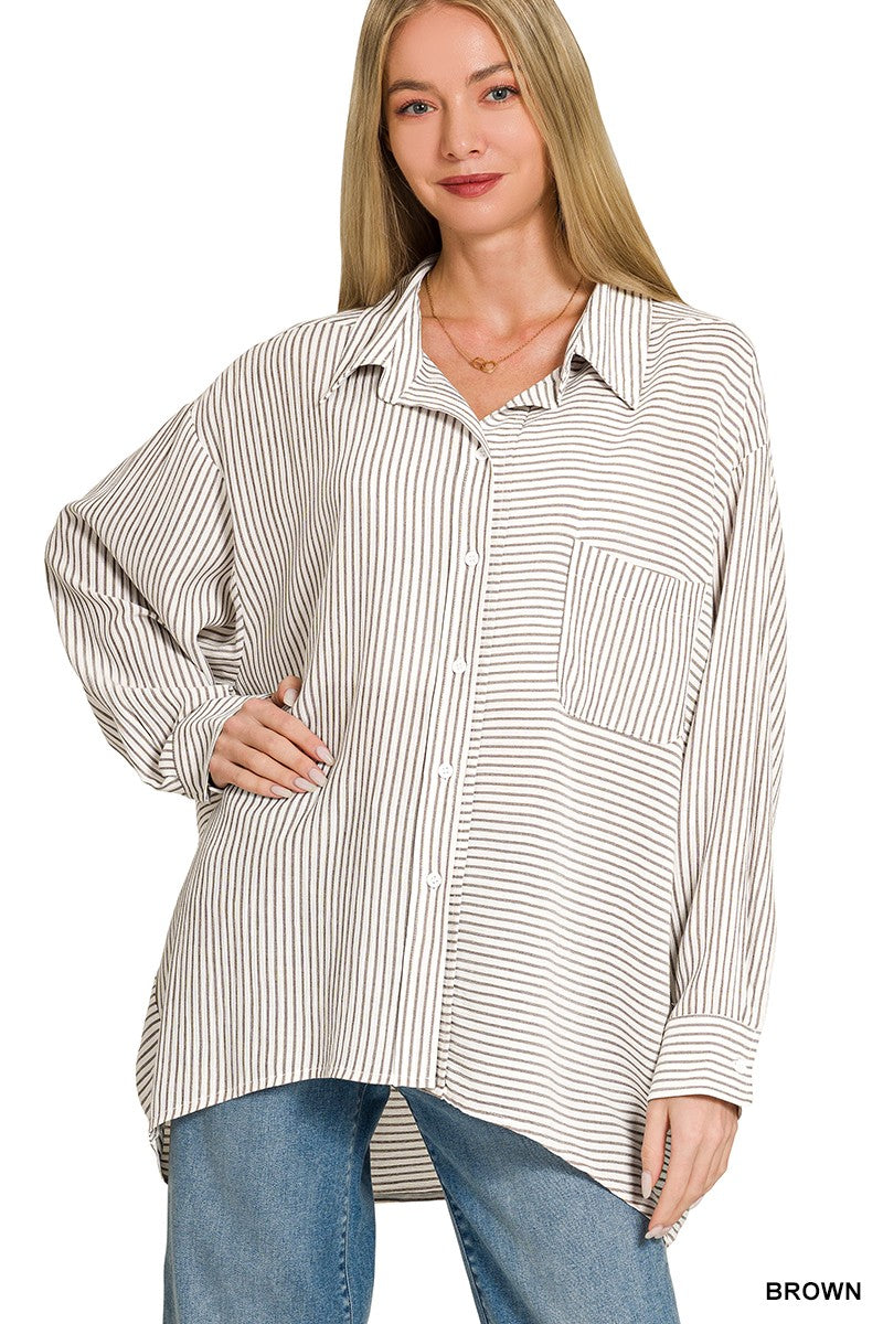 Woven Stripe Button Down Shirt – Classic Long Sleeve Casual Top