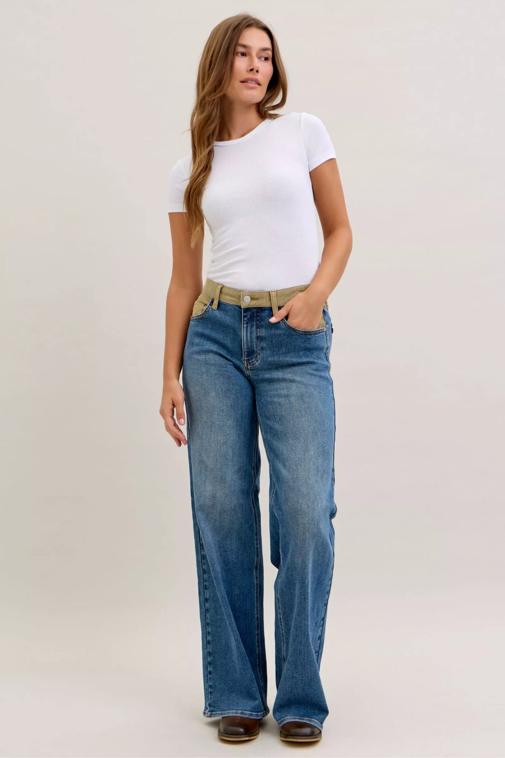Judy Blue MR Column Straight Jeans With Corduroy Waist For Women Modern Comfortable Denim Chic