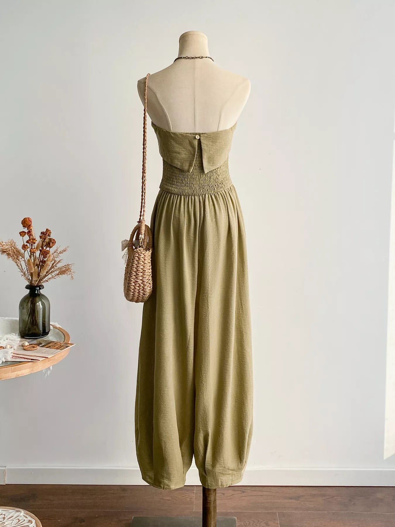 Wide Leg Smocked Jumpsuit - Casual Button Front