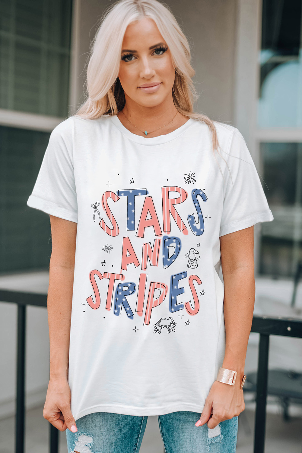 Stars & Stripes Crew Neck Graphic T-Shirt – Women's Patriotic Tee in White