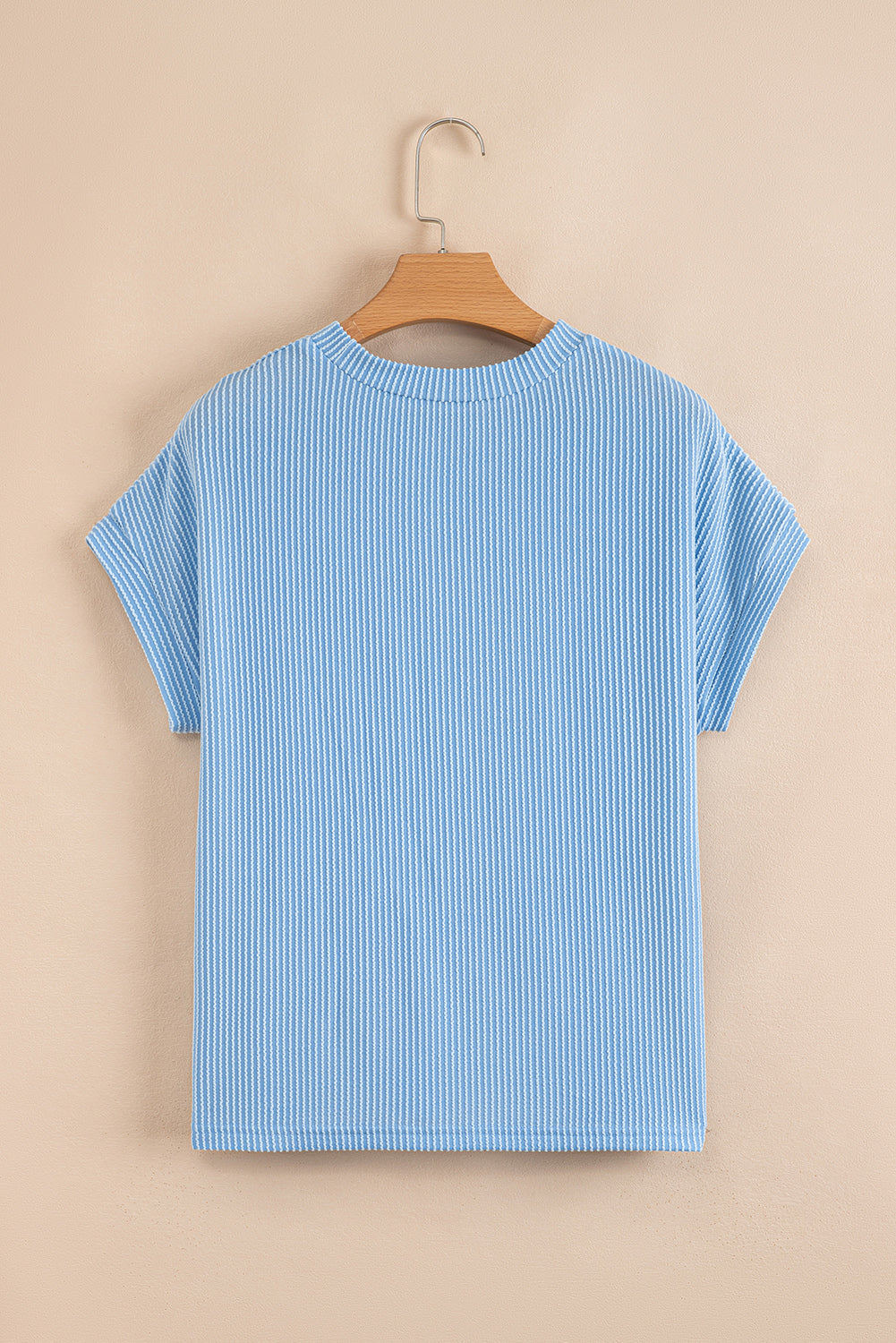 Light Blue Corded Color block Pocket Crew Neck Women's T-Shirt