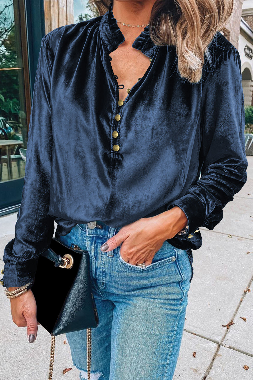 Green Frilled Neck Buttoned Front Velvet Women's Top