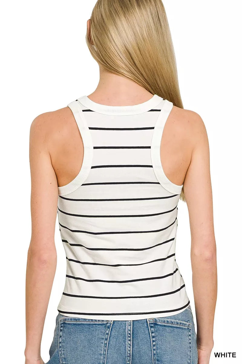White Striped Round Neck Tank Top
