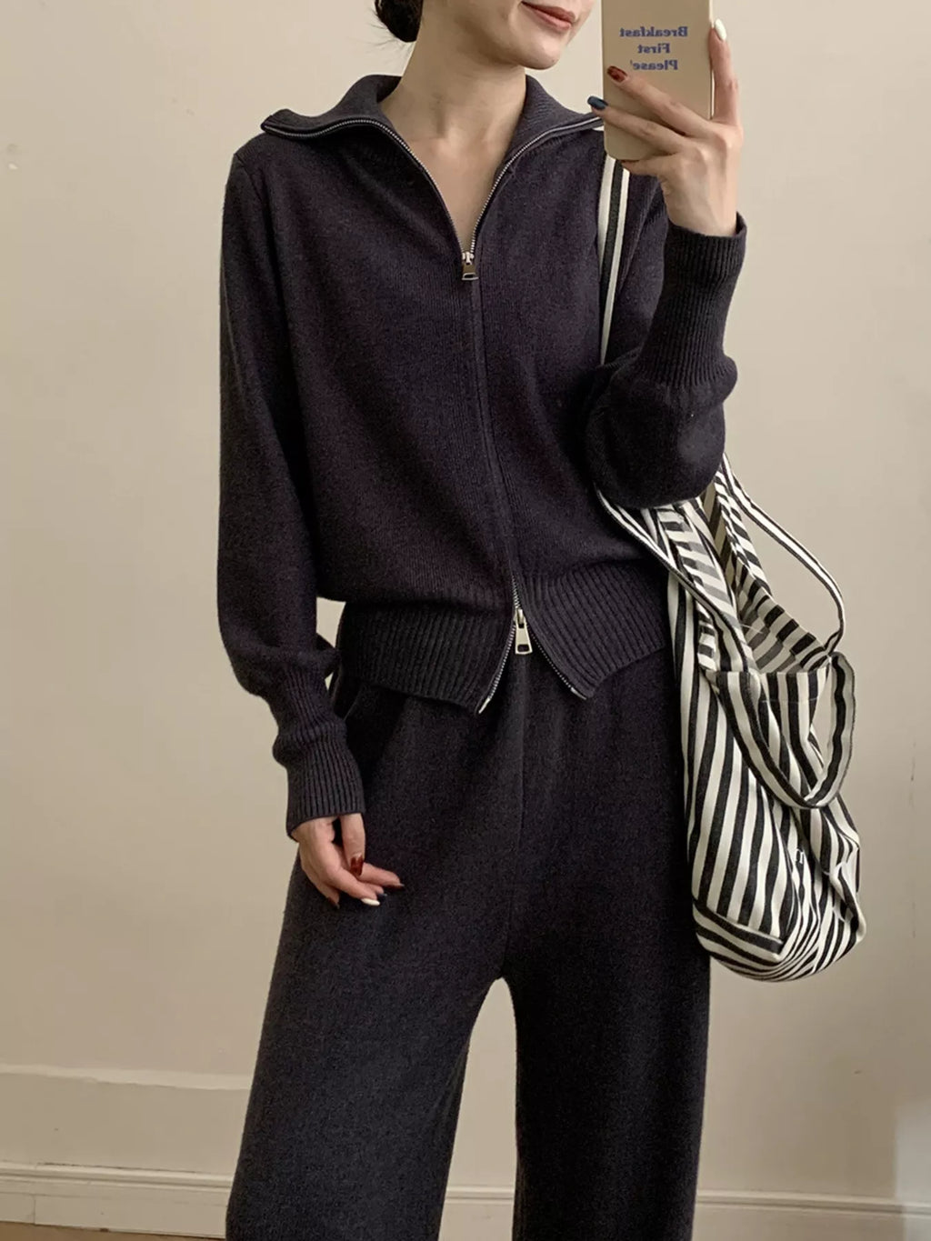 Women's Zip Up Collared Loungewear Set with Wide Leg Pants