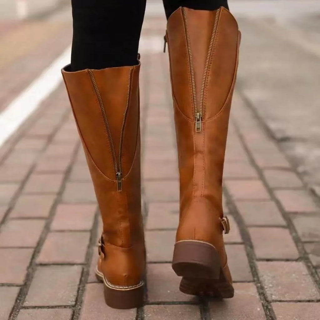 Women's Round Toe Knee High Buckle Boots Low Heel Fashion