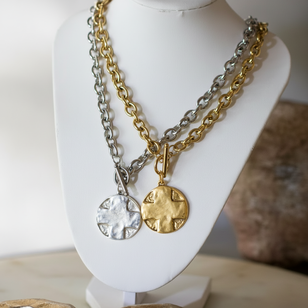 The Lord's Prayer Cross Medallion Toggle Necklace Gold or Silver