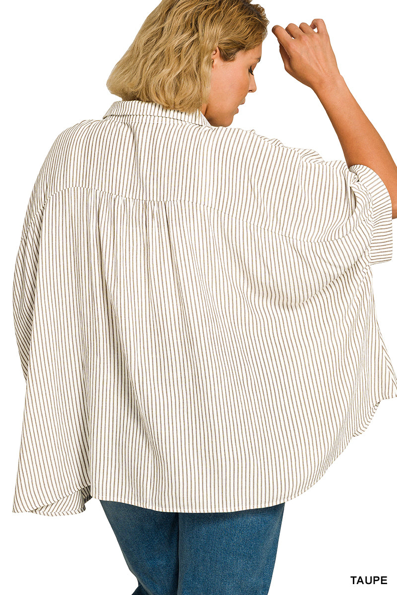 Zenana Woven Stripe Button Down Boxy Shirt | Rayon Blend