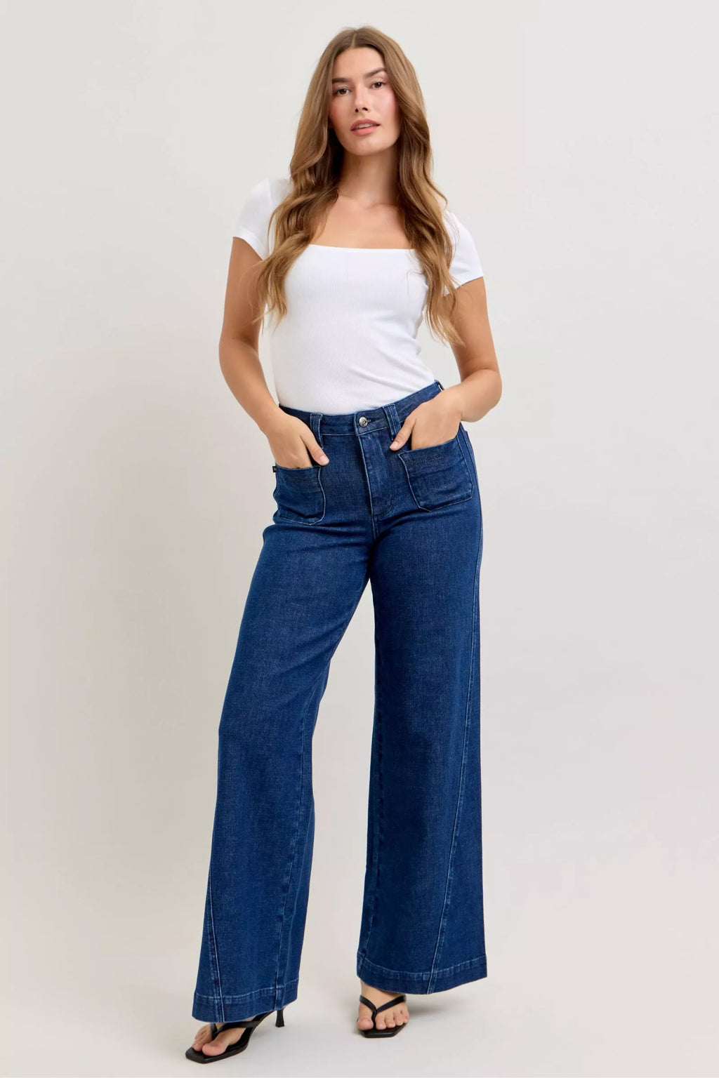 Judy Blue High Waisted Retro Wide Jeans For Women With Patch Pockets And Twisted Seams